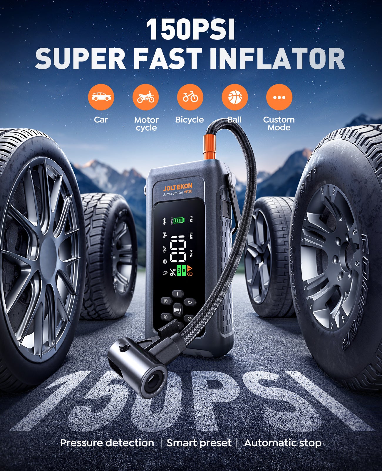 JOLTEKON Car Battery Jump Starter with Air Compressor 4500A 150PSI, Car Jumper Starter Portable (9L Gas/8L Diesel), Jump Box Car Battery with Auto-Shutoff Tire Inflator, Jumper Cables and Light