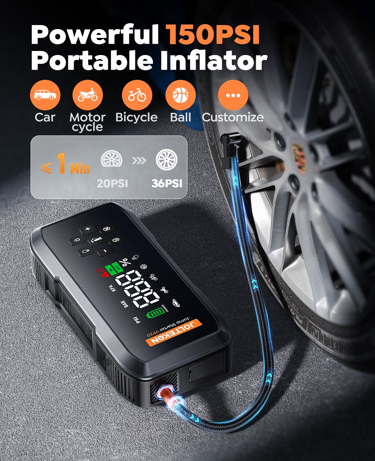 Car Battery Jump Starter with Air Compressor, 4500A Powerful Battery Jumper Starter Portable with 150PSI Auto-Pause Pump, 12V Jump Box for Car Battery with 10-Safety Protection(9L Gas/8L Diesel)