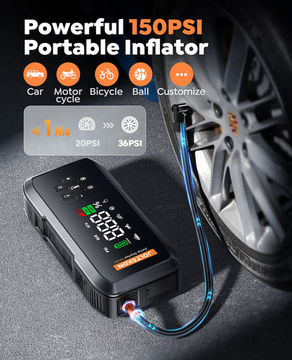 Car Battery Jump Starter with Air Compressor, 4500A Powerful Battery Jumper Starter Portable with 150PSI Auto-Pause Pump, 12V Jump Box for Car Battery with 10-Safety Protection(9L Gas/8L Diesel)