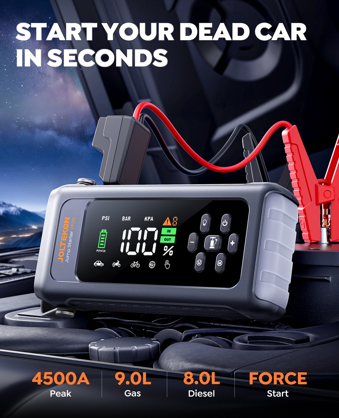 JOLTEKON Car Battery Jump Starter with Air Compressor 4500A 150PSI, Car Jumper Starter Portable (9L Gas/8L Diesel), Jump Box Car Battery with Auto-Shutoff Tire Inflator, Jumper Cables and Light