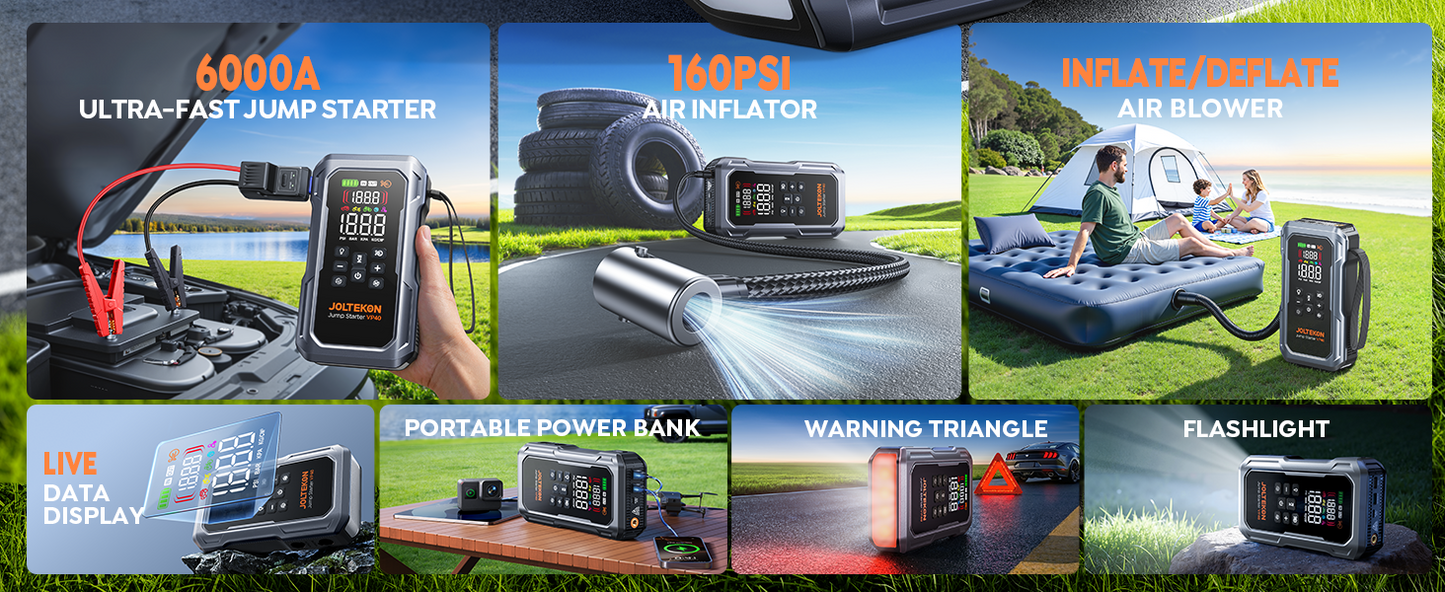 6000A 160PSI 9-in-1 Car Battery Jump Starter with Air Compressor & Air Blower (All Gas 12L Diesel), Battery Jumper Starter Portable Jump Box for Car Battery with 800LM Light/18W Fast Charge