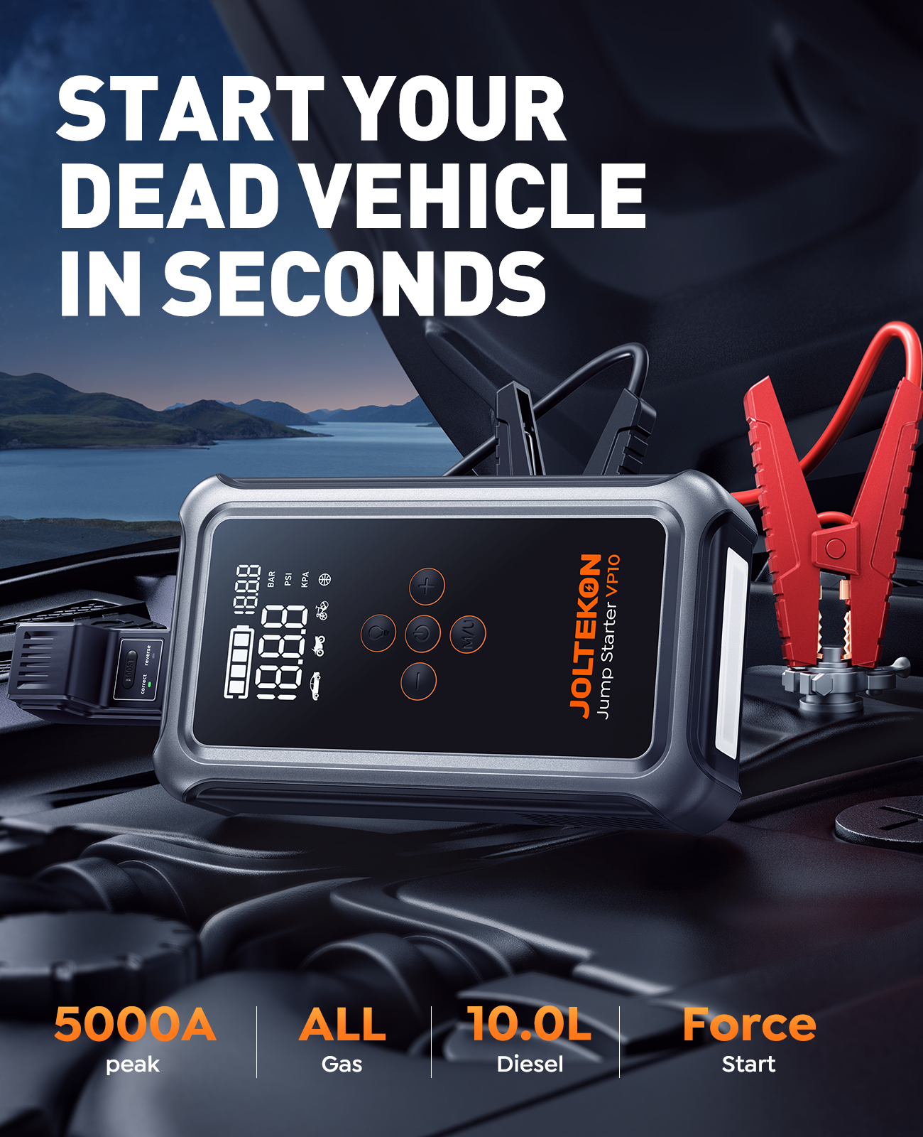 Jump Starter with Air Compressor, 5000A Portable Car Battery Jumper Starter(ALL Gas/10L Diesel) with 150PSI Auto-Shutoff Tire Inflator, 12V Supersafe Lithium Jump Box for Car battery Portable